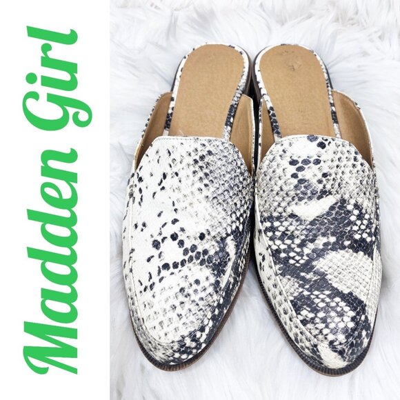 MADDEN GIRL MATTIE PYTHON SNAKE PRINT SLIP ON MULES FLATS WHITE GRAY, SIZE 7 - Picture 1 of 7